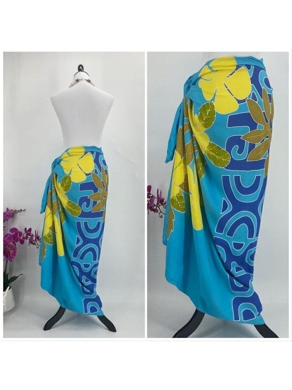 Blue/Yellow/Tan Floral Geometric SARONG Pareo Lavalava Beach Skirt Summer Scarf